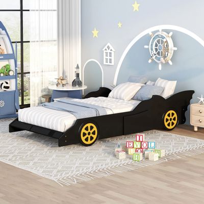 Anwick Kids Twin Bed Frame Car-Shaped Platform Bed with Wheels Wooden Car Kids Twin Bed Frames for Boys Twin Car Bed with Slat Support for Child's Bedroom (Black+Yellow)