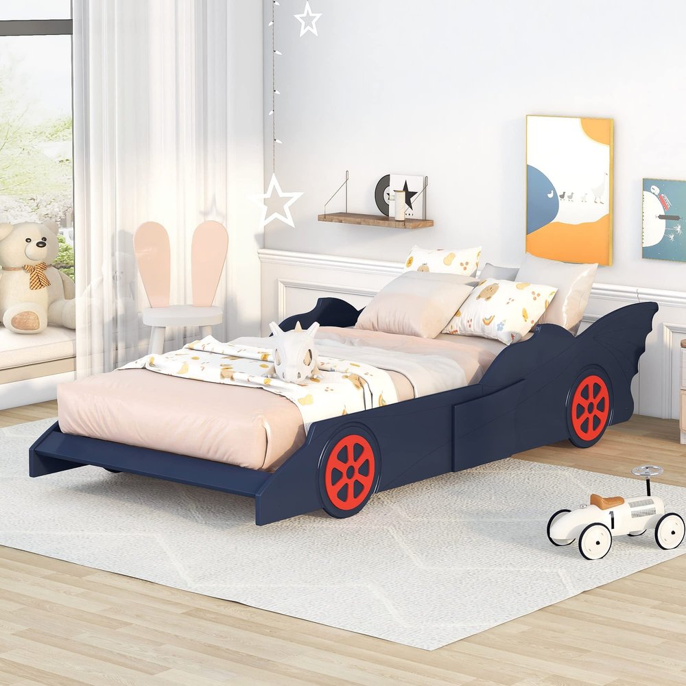 Anwick Kids Twin Bed Frame Car-Shaped Platform Bed with Wheels Wooden Car Kids Twin Bed Frames for Boys Twin Car Bed with Slat Support for Child's Bedroom (Blue+Red)