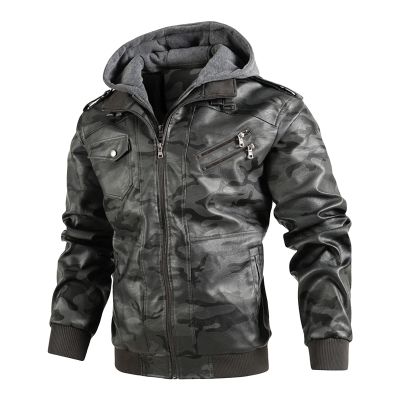 Maiyifu-GJ Camo Motorcycle Jacket for Men Faux Leather Windproof Moto Coat Vintage Bomber Hoodie with Removable Hood (Grey,Small)