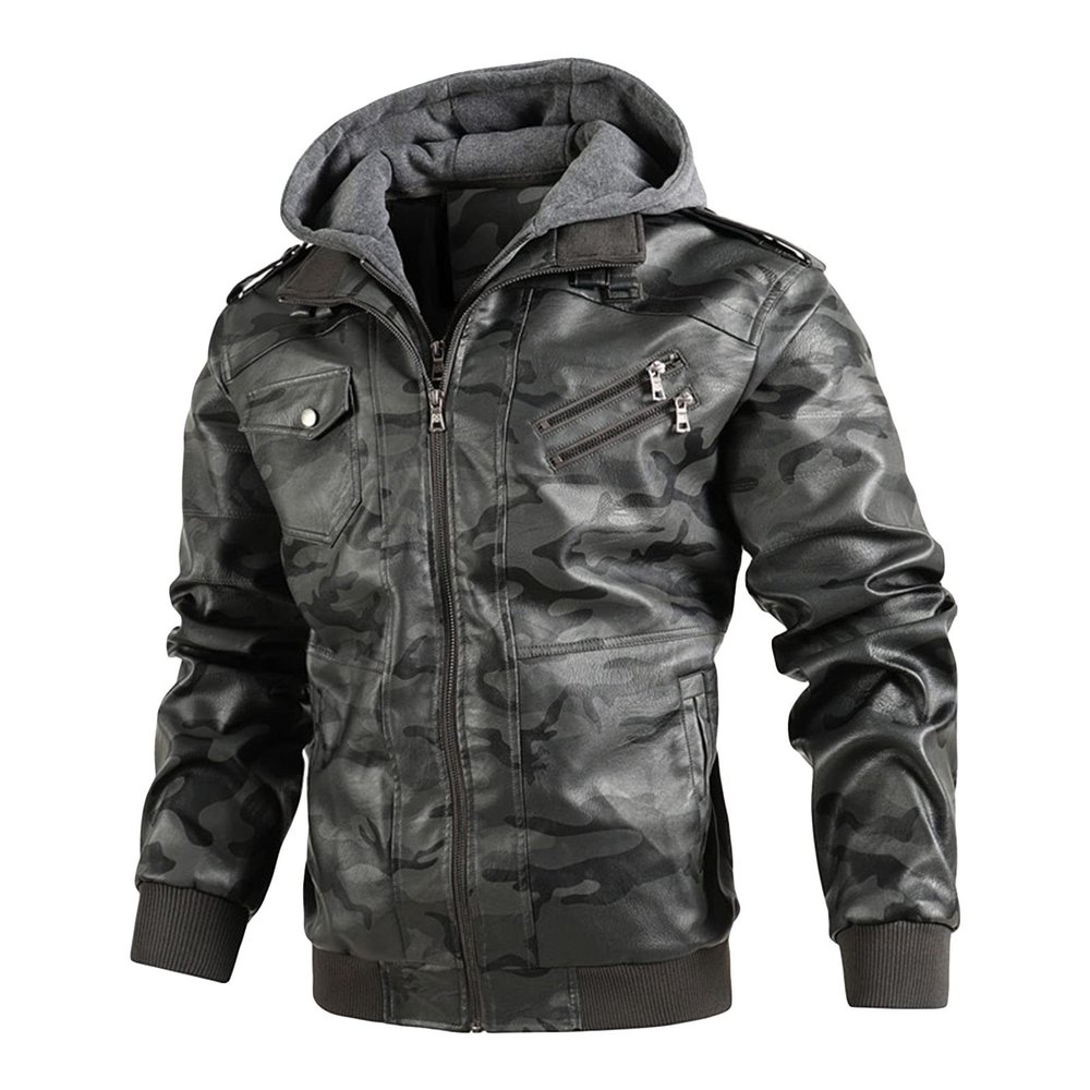 Maiyifu-GJ Camo Motorcycle Jacket for Men Faux Leather Windproof Moto Coat Vintage Bomber Hoodie with Removable Hood (Grey,Small)