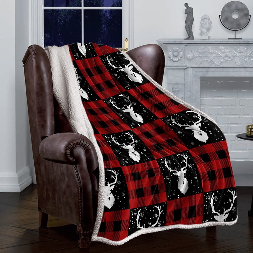 LEOSUCRE Sherpa Fleece Throw Blanket for Couch, Christmas Elk Snowflake Blanket Bed Throw Soft Baby Blanket All Season Plush Blankets for Sofa Bedroom Dcor 60x80in Red Black Checkered Plaid