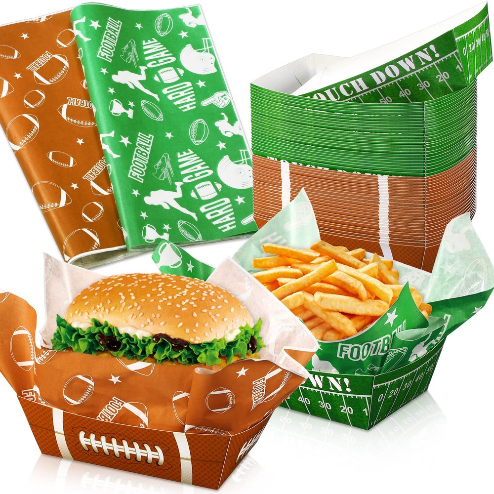 200 Pcs Football Party Supplies 1.1 lb Including 100 Paper Serving Trays and Grease Resistant Liner Sheets for Sport Game Celebrations, Birthday Favors, and Decorations