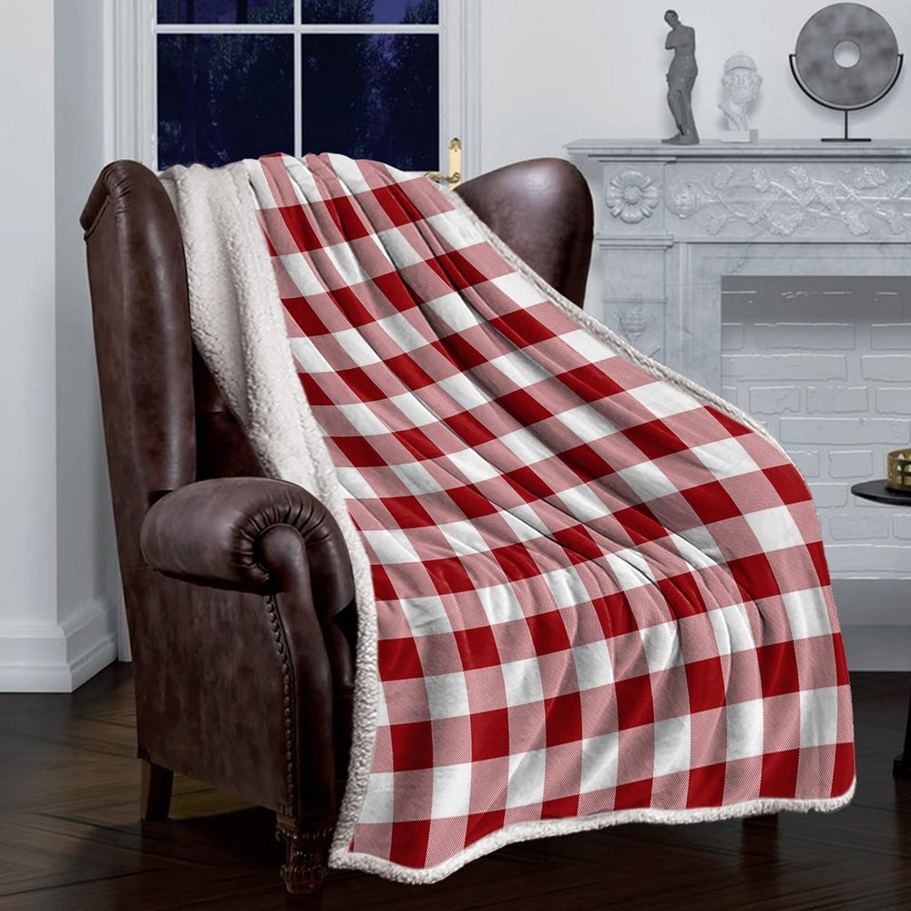 LEOSUCRE Sherpa Fleece Throw Blanket for Couch, Rural Checkered Blanket Bed Throw Soft Baby Blanket All Season Plush Blankets for Sofa Bedroom Dcor 40x50in Red and White