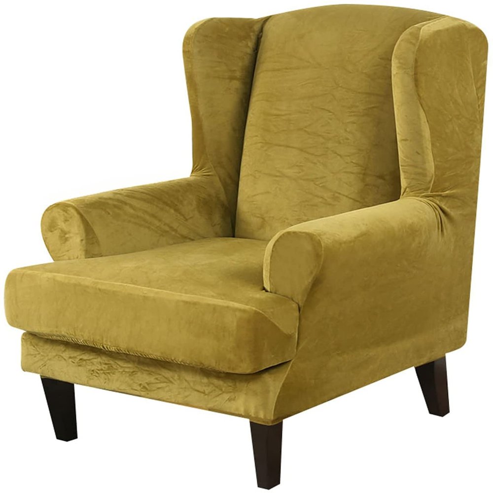 QULACO Velvet Wing Chair Covers, 2 Piece Wing Chair Slipcover with Seat Cushion Cover, Stretch Armchair Wingback Chair Cover, Soft Plush Furniture Protector for Living Room