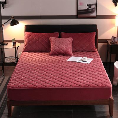 QQXX Solid Color Quilted Fitted Sheet, Ultra Soft Warm Velvet Stretch Bedding Sheet, Winter Thick Deep Pocket Mattress Protector Cover(King 200x200cm, A)