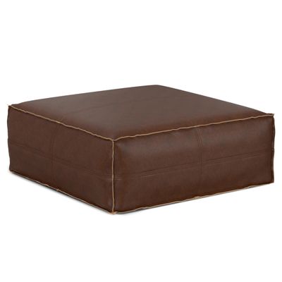 SIMPLIHOME Brody Extra Large Coffee Table Pouf - 36 inch Wide Upholstered Vegan Leather Square Ottoman in Distressed Dark Brown, Boho Footstool or Extra Seating for Living Room, Assembled