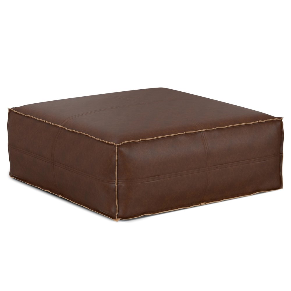 SIMPLIHOME Brody Extra Large Coffee Table Pouf - 36 inch Wide Upholstered Vegan Leather Square Ottoman in Distressed Dark Brown, Boho Footstool or Extra Seating for Living Room, Assembled