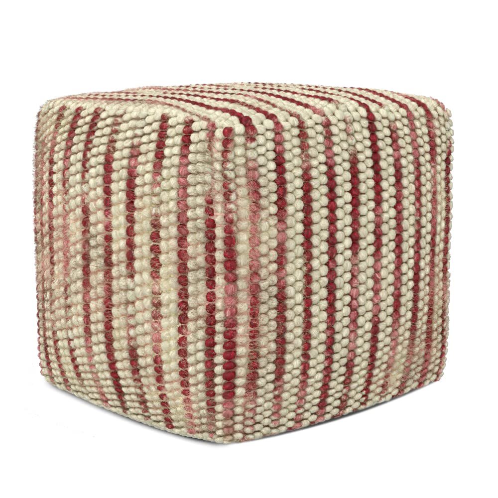 SIMPLIHOME Zoey Boho Cube Woven Pouf in Maroon Cotton and Wool for the Living Room, Bedroom and Kids Room