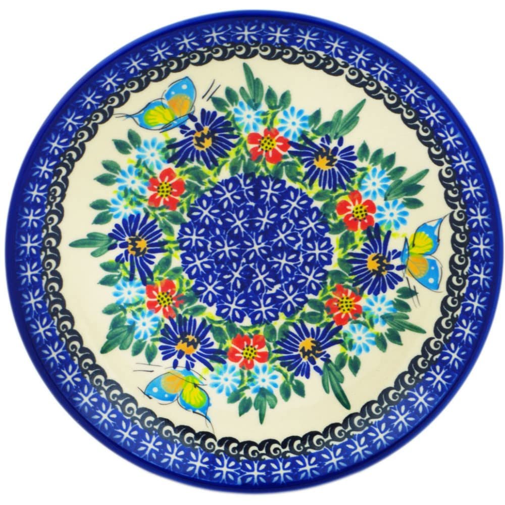 Polmedia Polish Pottery Dessert Plate UNIKAT - Butterfly Flower Bed Pattern Handmade in Boleslawiec Poland by Ceramika Dalia + Certificate of Authenticity