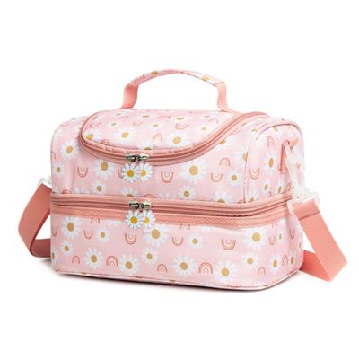 Life on track Insulated Kids Dual Compartment Lunch Bags Tote for Girls Boys Toddler Lunch Boxes Pre-School Toddler Kindergarten Elementary Picnic Food Cooler Thermal with Strap (Rainbow Daisies)