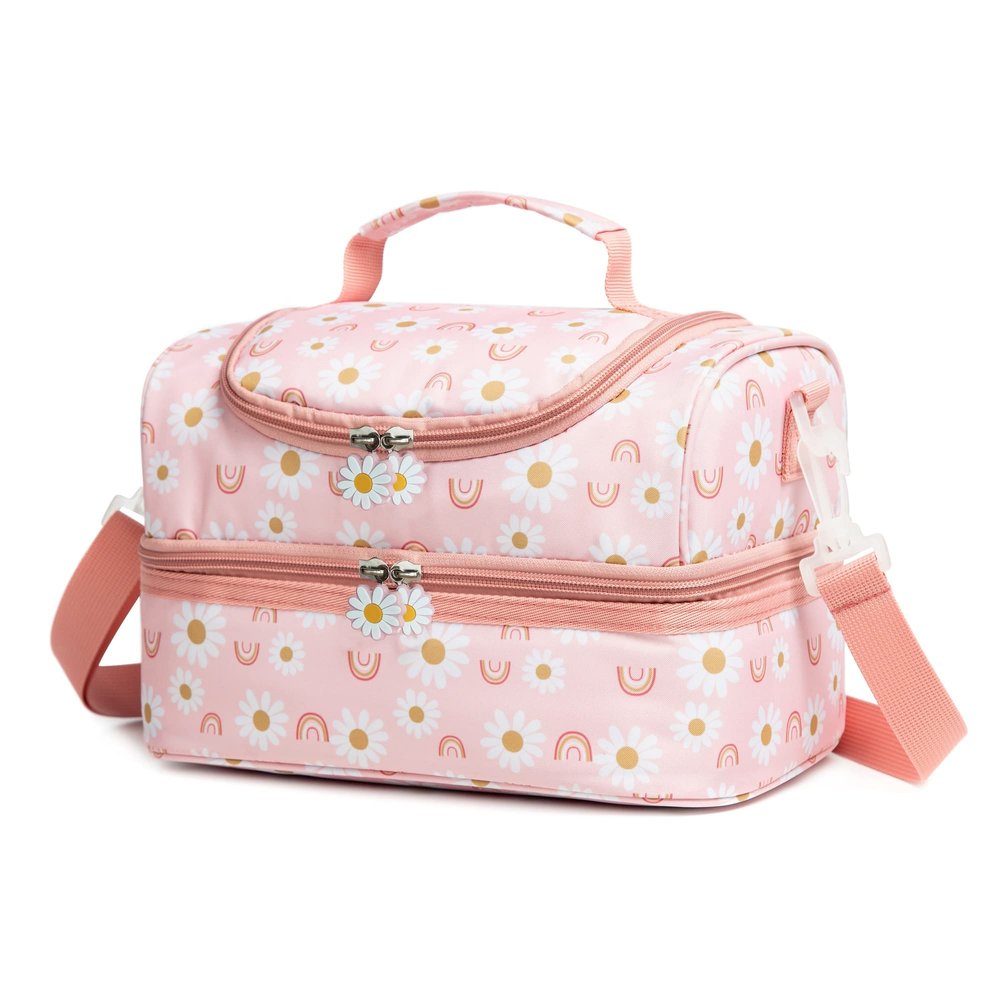 Life on track Insulated Kids Dual Compartment Lunch Bags Tote for Girls Boys Toddler Lunch Boxes Pre-School Toddler Kindergarten Elementary Picnic Food Cooler Thermal with Strap (Rainbow Daisies)
