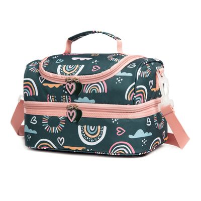 Life on track Insulated Kids Dual Compartment Lunch Bags Tote Pack for Girls Boys Toddler Kindergarten School Picnic Cooler Thermal Lunch Boxes with Strap (Green Rainbow)