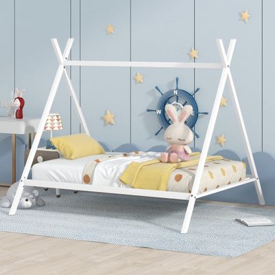 Quarte Kids Metal Floor House Bed with Slat with Roof,Full Size Tent Play Bed for Toddler Kids Teens Girls Boys Bedroom Use,No Box Spring Needed (White#d)