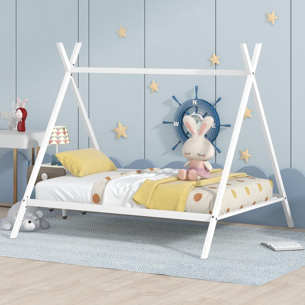 Quarte Kids Metal Floor House Bed with Slat with Roof,Full Size Tent Play Bed for Toddler Kids Teens Girls Boys Bedroom Use,No Box Spring Needed (White#d)