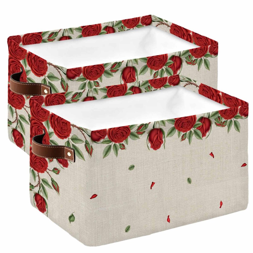 2 PCS Large Storage Baskets Bins Valentine's Flower Collapsible Storage Box Laundry Organizer for Closet Shelf Nursery Kids Bedroom Retro Red Rose Spring Floral Saint