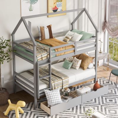 CKLMMC Simple Kids House Bunk Bed with 2 Drawers and Chimney,Wood Twin Over Twin Bunk Bed with Built-in Ladder and Guardrail,for Kids Teens Girls Boys Use (Gray#w)