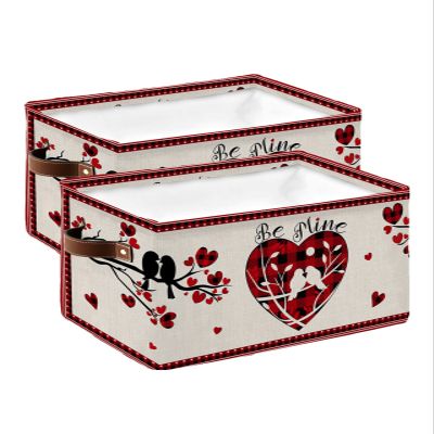 2 PCS Large Storage Baskets Bins Farmhouse Valentine's Collapsible Storage Box Laundry Organizer for Closet Shelf Nursery Kids Bedroom Red Saint Love-Tree Country Plaid Bird