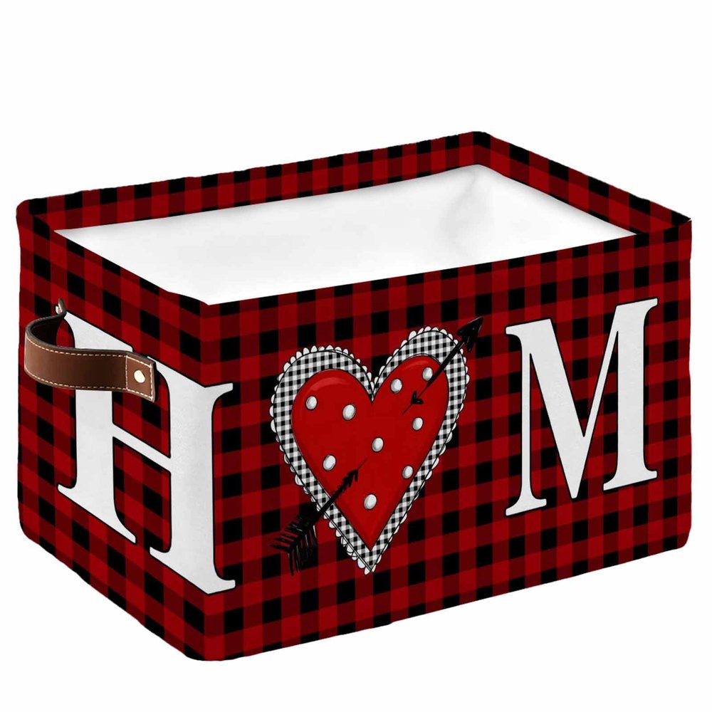 1 PC Large Storage Baskets Bins Red Love Collapsible Storage Box Laundry Organizer for Closet Shelf Nursery Kids Bedroom Valentine's Day Saint Country Rustic Plaid Black