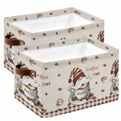 2 PCS Large Storage Baskets Bins Gnomes Coffee Collapsible Storage Box Laundry Organizer for Closet Shelf Nursery Kids Bedroom Retro Country Rustic Brown Buffalo Plaid
