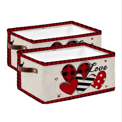 2 PCS Large Storage Baskets Bins Romantic Love Collapsible Storage Box Laundry Organizer for Closet Shelf Nursery Kids Bedroom Saint Valentine's Day Plaid Heart Boho Plaid