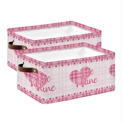 2 PCS Large Storage Baskets Bins Valentine's Day Collapsible Storage Box Laundry Organizer for Closet Shelf Nursery Kids Bedroom Abstract Pink Saint Love Heart Plaid Gradient Decor