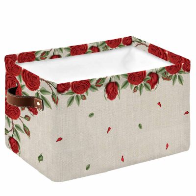 1 PC Large Storage Baskets Bins Valentine's Flower Collapsible Storage Box Laundry Organizer for Closet Shelf Nursery Kids Bedroom Retro Red Rose Spring Floral Saint