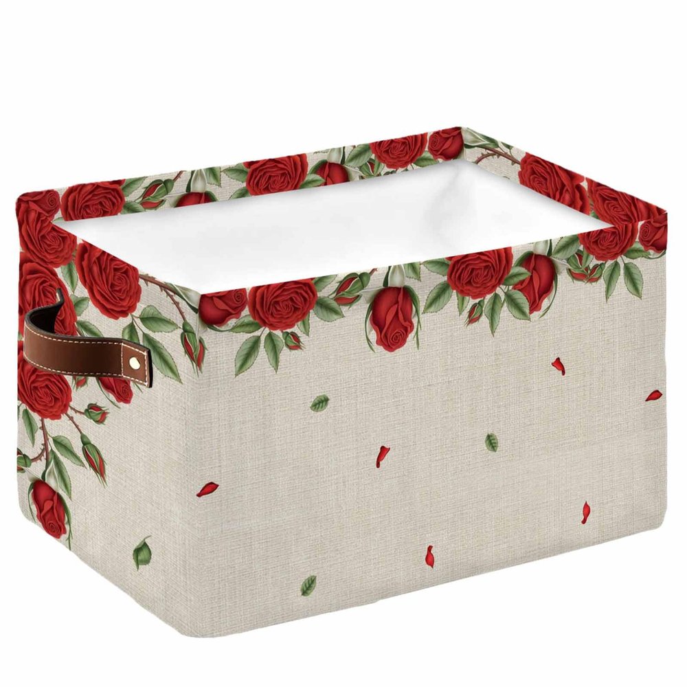 1 PC Large Storage Baskets Bins Valentine's Flower Collapsible Storage Box Laundry Organizer for Closet Shelf Nursery Kids Bedroom Retro Red Rose Spring Floral Saint