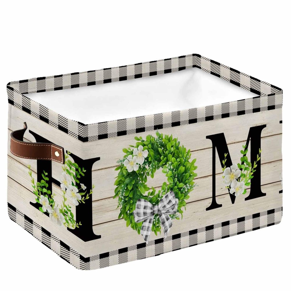 1 PC Large Storage Baskets Bins Farmhouse Leaves Collapsible Storage Box Laundry Organizer for Closet Shelf Nursery Kids Bedroom Country Rustic Flower Garland Plaid