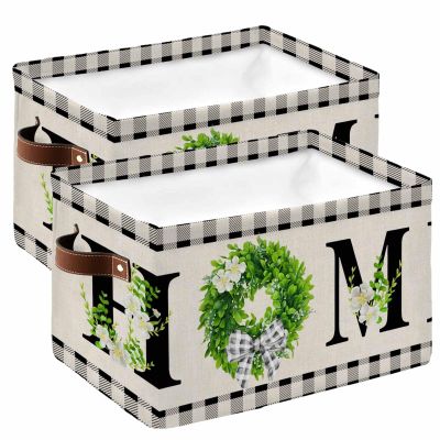 2 PCS Large Storage Baskets Bins Flower Leave Home Collapsible Storage Box Laundry Organizer for Closet Shelf Nursery Kids Bedroom Country Rustic Black Grey Plaid