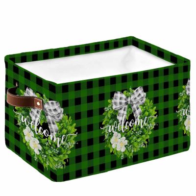 1 PC Large Storage Baskets Bins Green Plaid Collapsible Storage Box Laundry Organizer for Closet Shelf Nursery Kids Bedroom Country Leaves Flower Plaid Grey Garland