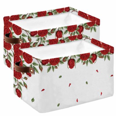 2 PCS Large Storage Baskets Bins Valentine's Day Collapsible Storage Box Laundry Organizer for Closet Shelf Nursery Kids Bedroom Retro Red Rose Flower Saint Spring