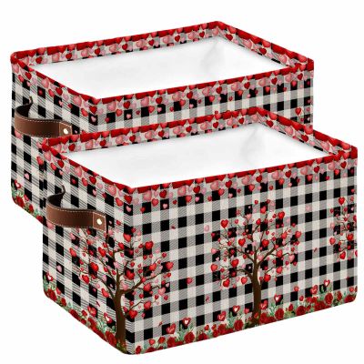 2 PCS Large Storage Baskets Bins Valentines Collapsible Storage Box Laundry Organizer for Closet Shelf Nursery Kids Bedroom Saint Spring Red Rose Love-Tree Buffalo Plaid Black