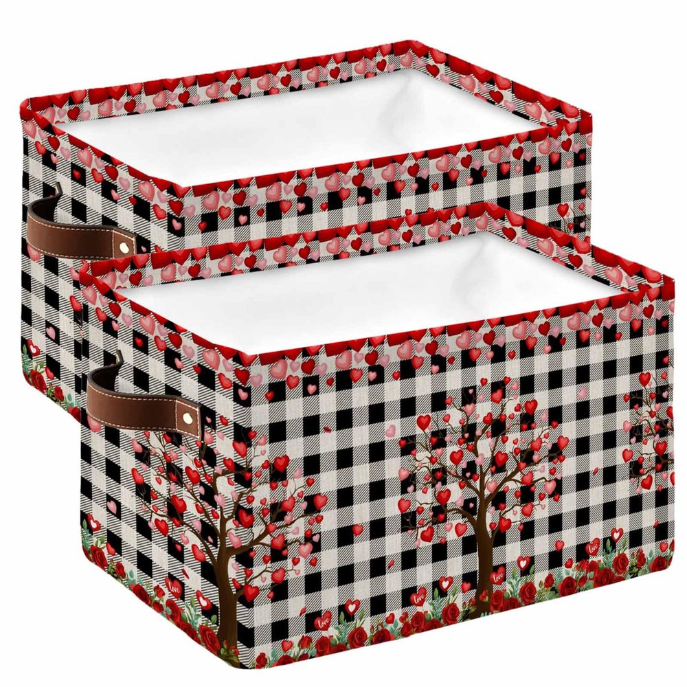2 PCS Large Storage Baskets Bins Valentines Collapsible Storage Box Laundry Organizer for Closet Shelf Nursery Kids Bedroom Saint Spring Red Rose Love-Tree Buffalo Plaid Black