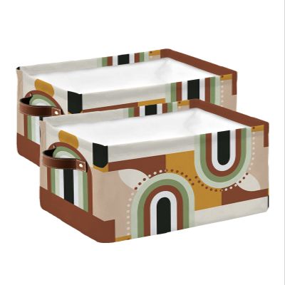 2 PCS Large Storage Baskets Bins Abstract Modern Collapsible Storage Box Laundry Organizer for Closet Shelf Nursery Kids Bedroom Farmhouse Brown Geometric Middle Century