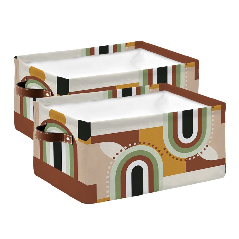 2 PCS Large Storage Baskets Bins Abstract Modern Collapsible Storage Box Laundry Organizer for Closet Shelf Nursery Kids Bedroom Farmhouse Brown Geometric Middle Century