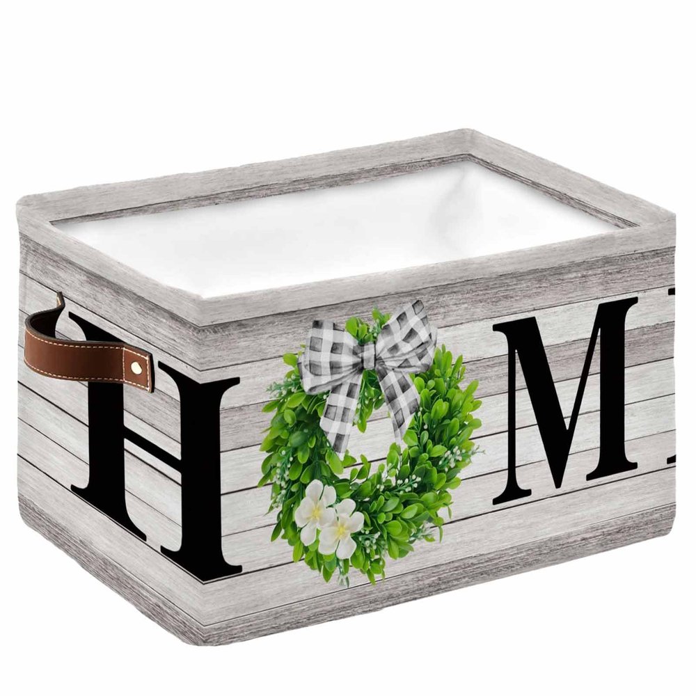 1 PC Large Storage Baskets Bins Farmhouse Collapsible Storage Box Laundry Organizer for Closet Shelf Nursery Kids Bedroom Grey Woodgrain Green Garland Plaid