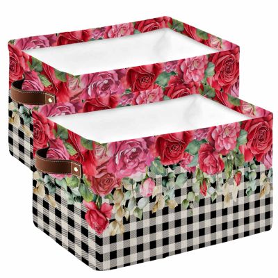 2 PCS Large Storage Baskets Bins Valentine's Day Collapsible Storage Box Laundry Organizer for Closet Shelf Nursery Kids Bedroom Buffalo Plaid Black Spring Rose Flower Eucalyptus