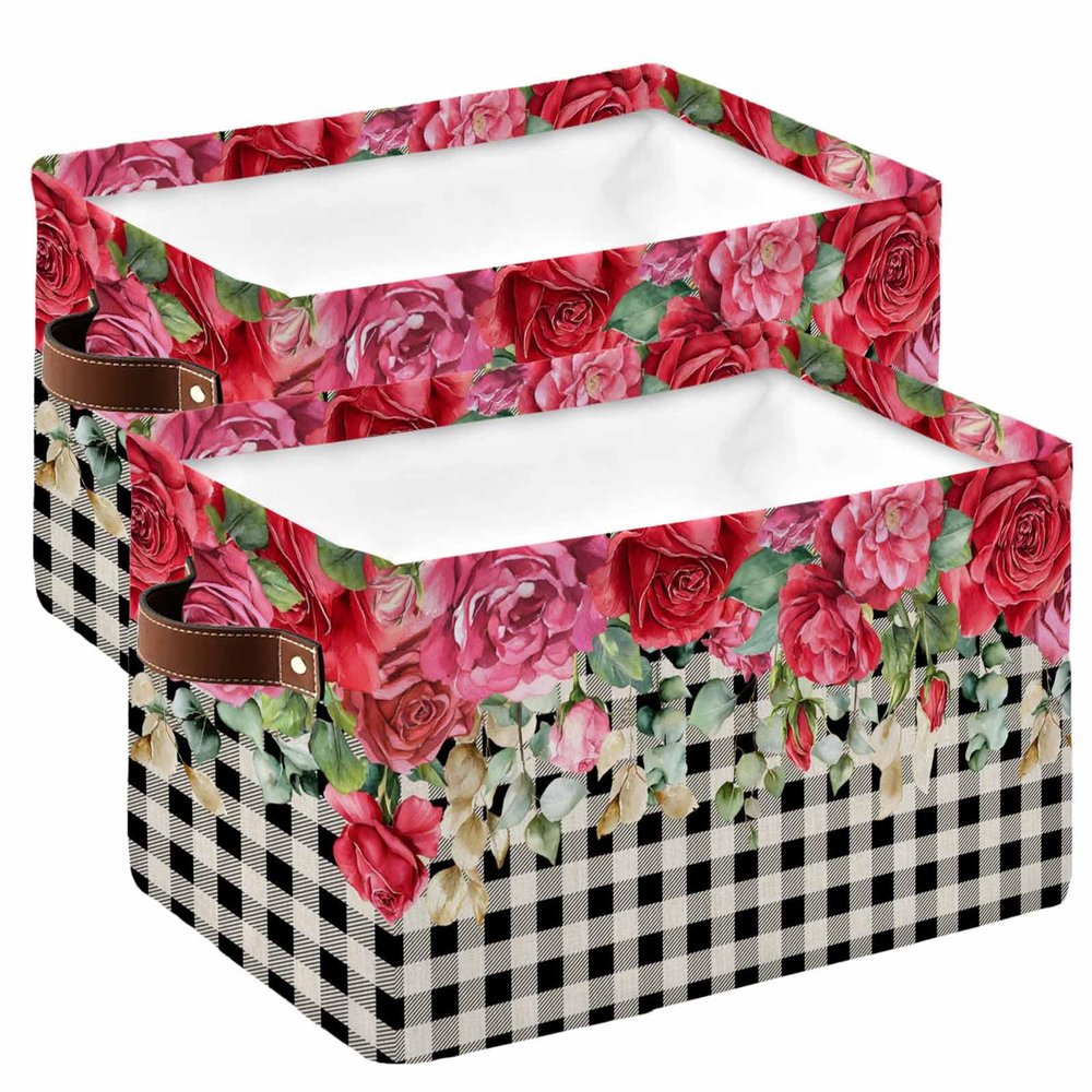 2 PCS Large Storage Baskets Bins Valentine's Day Collapsible Storage Box Laundry Organizer for Closet Shelf Nursery Kids Bedroom Buffalo Plaid Black Spring Rose Flower Eucalyptus