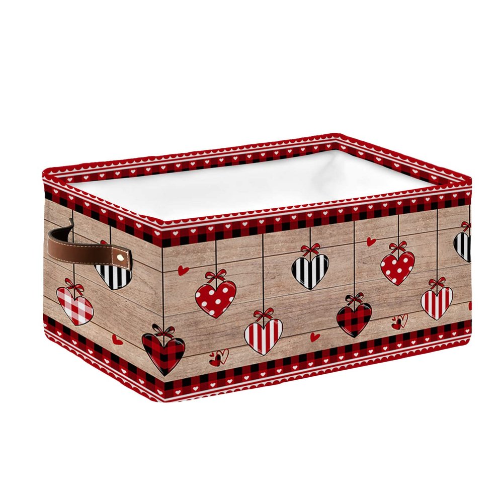 1 PC Large Storage Baskets Bins Valentine's Collapsible Storage Box Laundry Organizer for Closet Shelf Nursery Kids Bedroom Farmhouse Love Heart Boho Brown Checkered