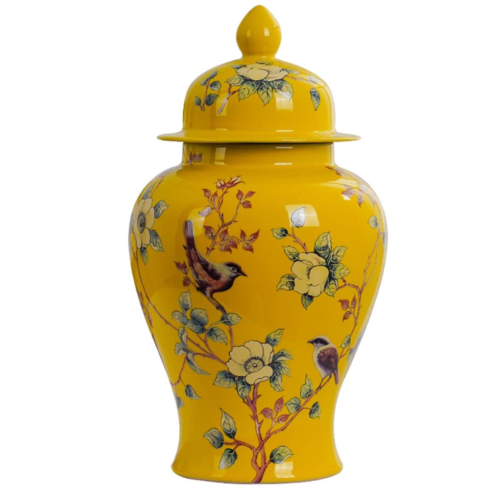 ZHOUXIAO Ceramic Ginger Jar with Lid Flower Birds Pattern,Chinese Traditional Decorative Porcelain Jars Temple Jar with Lids, Flower Vases Decor for Living Room Shelf Booksh Yellow-S