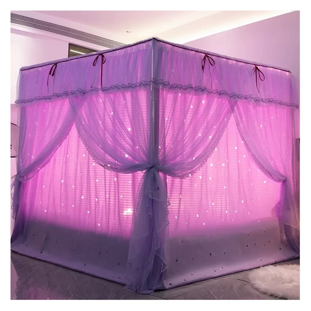 Bed Canopy Deluxe Hollowed Out Bed Canopy with Bracket, Four Season Double-Layer Bed Curtain Mosquito Net is Used for Single Double Bed, Easy to Assemble (Color : Purple 1, Size : 200x220x200cm)