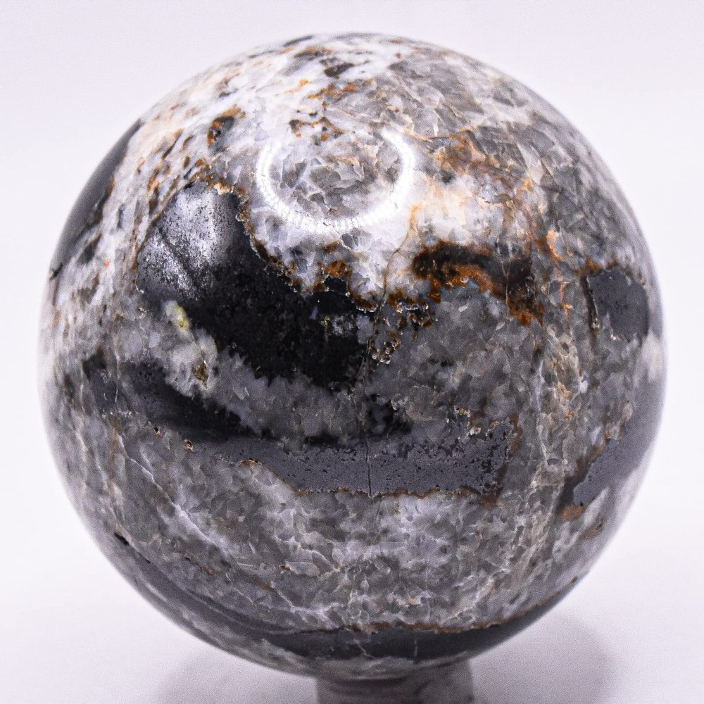 2.4" 390gSilverish Black White Clear Onyx w/Calcite Sphere Polished Natural Sparkling UV Reactive Gemstone Crystal Mineral Specimen Ball - Peru + Stand
