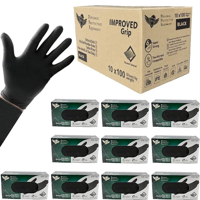S&G Black Nitrile Gloves Heavy-Duty Latex & Powder Free - For Cleaning, Construction, Mechanic, Food Prep | 6 Mil - 1000 | Medium