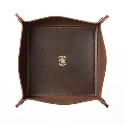 USA Handmade Premium Leather Valet Tray, Folds Flat! Dice Rolling Basket and Organizer with Brass Snaps (Brown Gold, Large)