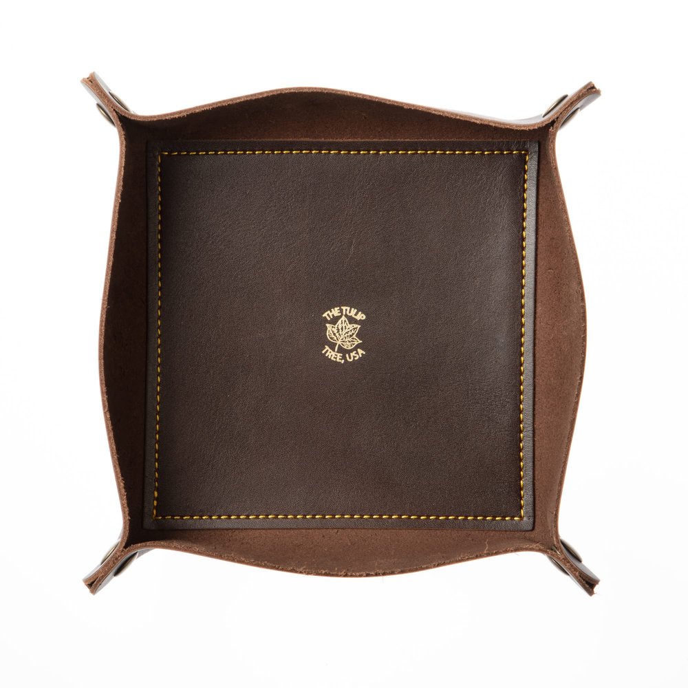 USA Handmade Premium Leather Valet Tray, Folds Flat! Dice Rolling Basket and Organizer with Brass Snaps (Brown Gold, Large)