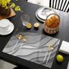 Abstract Art Placemats for Dinning Table Set of 6 Burlap Kitchen Place Mats Waterproof Cloth Table Mats,Modern Ombre Grey White Ocean Seawaves Indoor Outdoor Placemats Easy Clean Dinner Decor view 4
