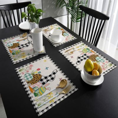 Easter Placemats for Dinning Table Set of 4 Burlap Kitchen Place Mats Waterproof Cloth Table Mats, Easter Egg Bunny Ear Leopard Pink Plaid Indoor Outdoor Placemats Easy Clean Dinner Decor 13x19