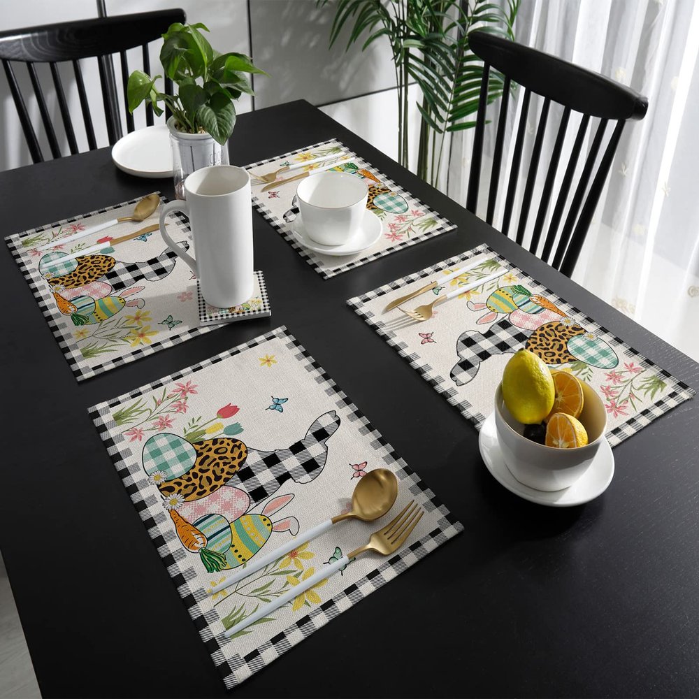 Easter Placemats for Dinning Table Set of 4 Burlap Kitchen Place Mats Waterproof Cloth Table Mats, Easter Egg Bunny Ear Leopard Pink Plaid Indoor Outdoor Placemats Easy Clean Dinner Decor 13x19