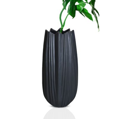 Tulip Shaped Ceramic Modern Floral Vase - Tall Black Flower Pot Home Decor 6" Wide x 15" High