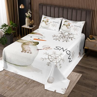 Erosebridal Kawaii Snowman King Quilt Toddler Cute Snowman Coverlet Set White Snowflake Floral Bedding Set Snow Print Bedspread Set Brown Cartoon Style Bedroom Decor Lightweight 3pcs